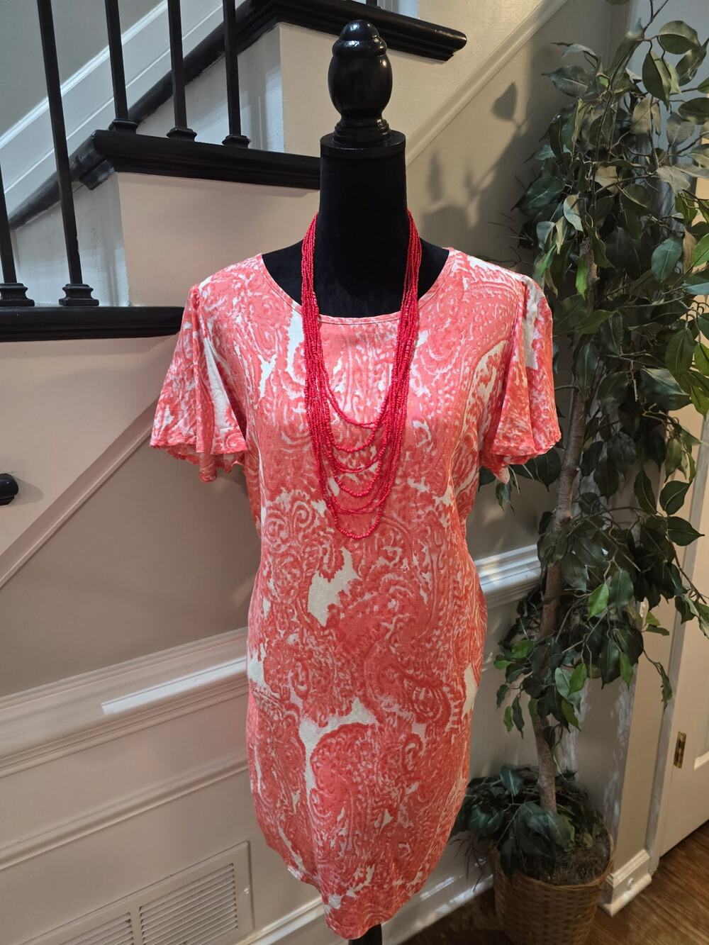 Grace Elements Shift Dress Women's SZ XL Coral Pink Paisley Back keyhole Pockets